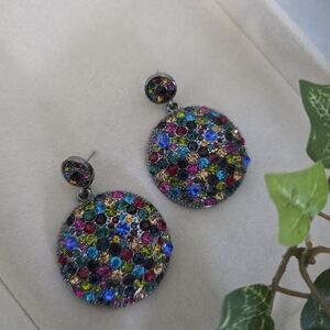 Silver Round Dome Drop Earrings with Multi Color Cubic Zirconia Crystals